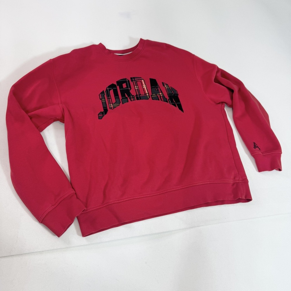 Jordan Sweatshirt Mens Large Red Fleece Pullover Plaid Logo Crewneck Graphic